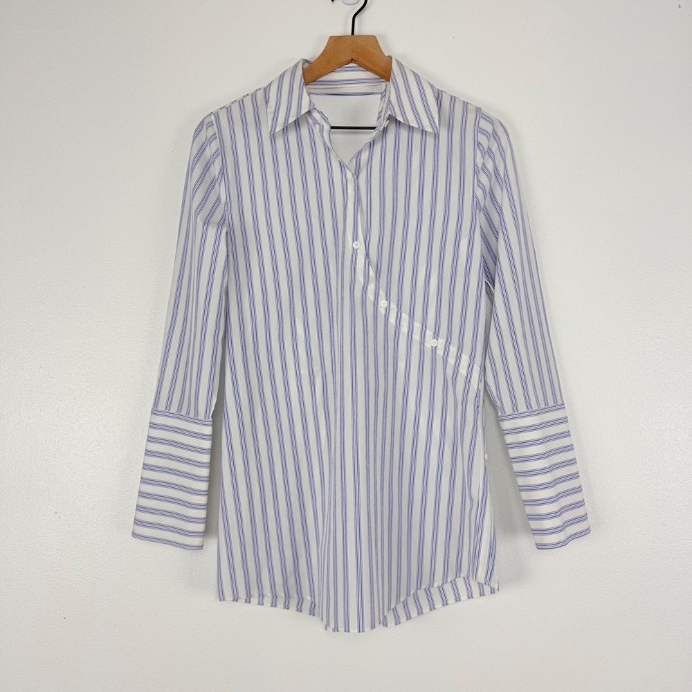 Lewit Striped Button Up Blouse Womens XS Blue White Twisted Open Back Poplin